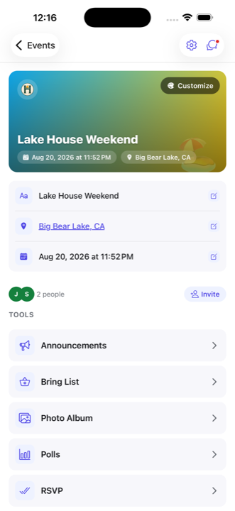 Event overview screen in Nestfull